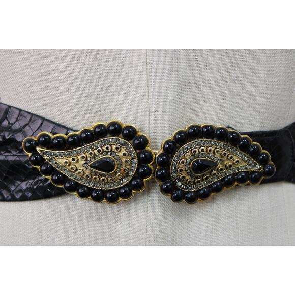 Vintage 80s Morris Moskowitz Black Snake Skin Wide Leather Belt & Buckle M main image 6